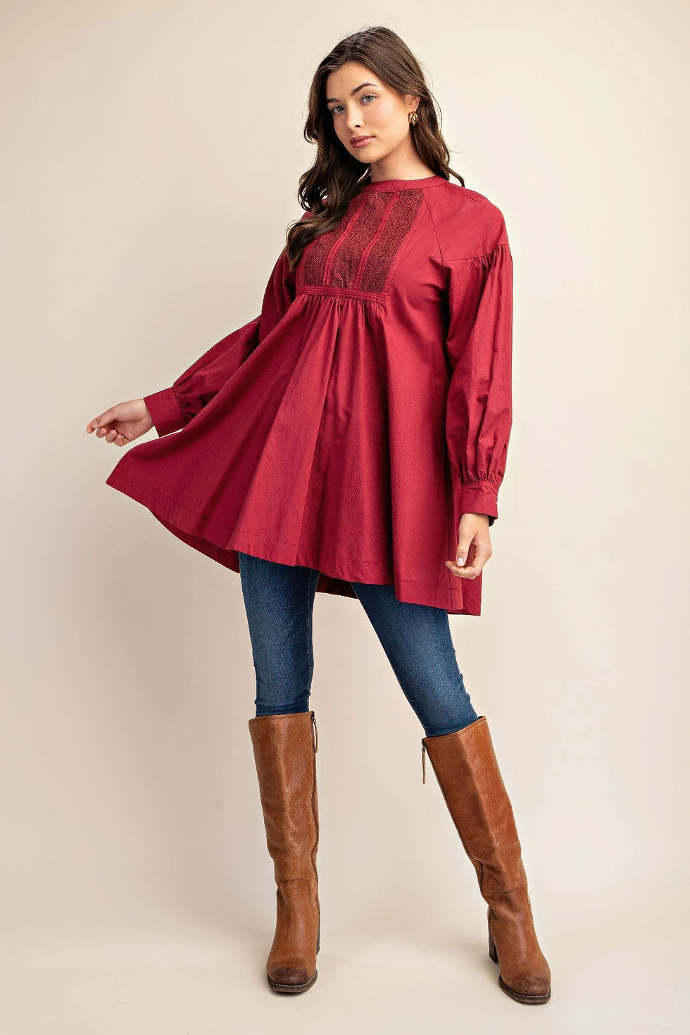 Thumbnail: Long sleeve mini dress with lace detail