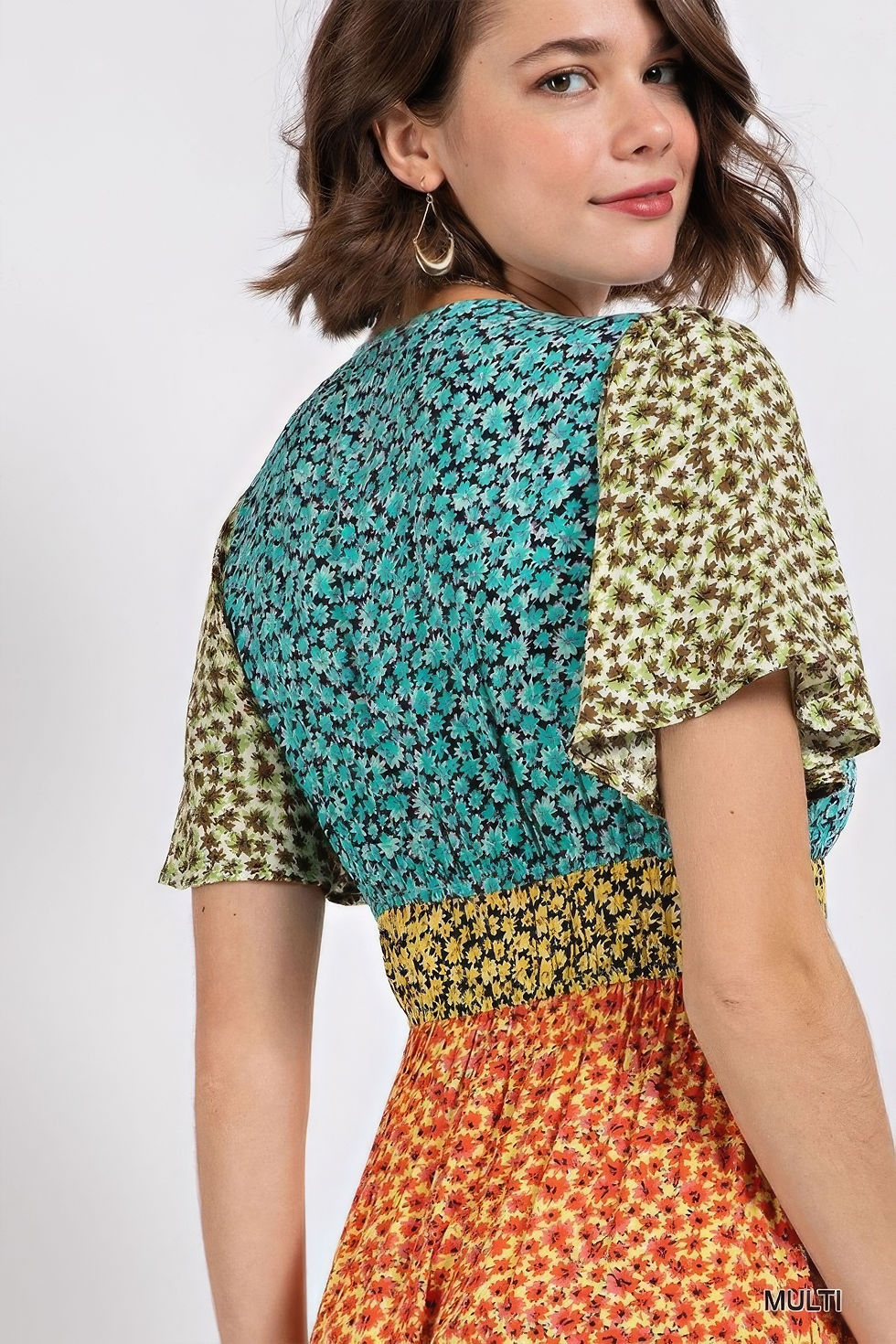 Thumbnail: Ditsy floral color block v-neck split button up maxi dress