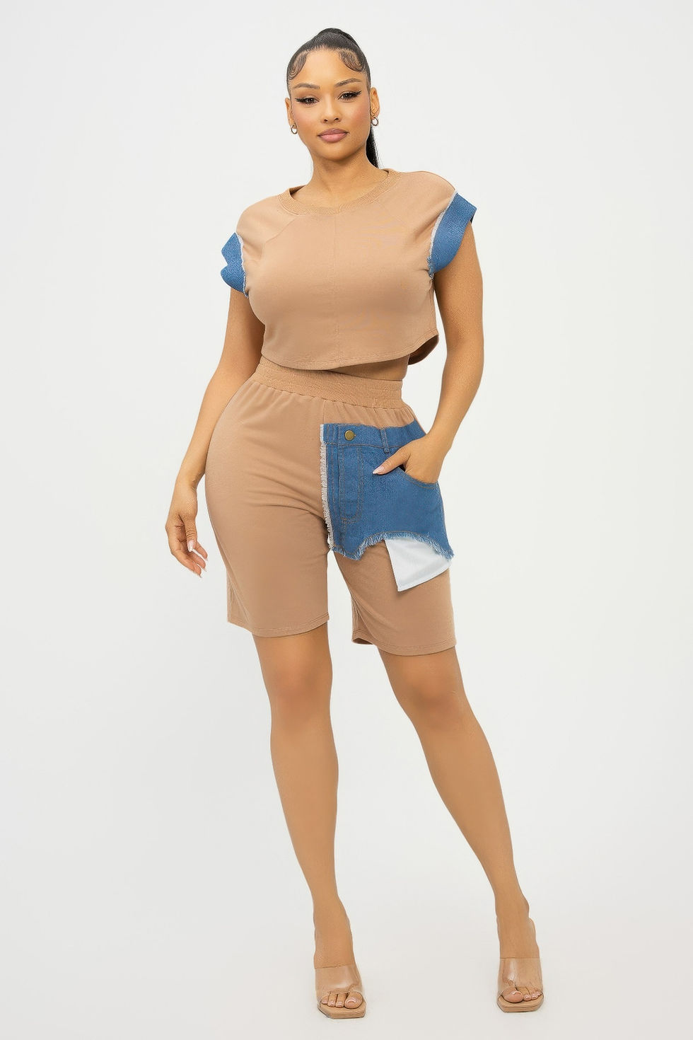 Thumbnail: Color Block Denim Sleeve Top And Biker Shorts Set        
