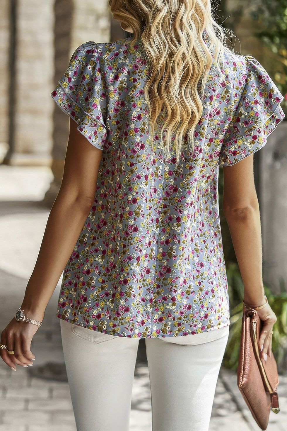 Thumbnail: Floral Mock Neck Ruffle Short Sleeve Shirt