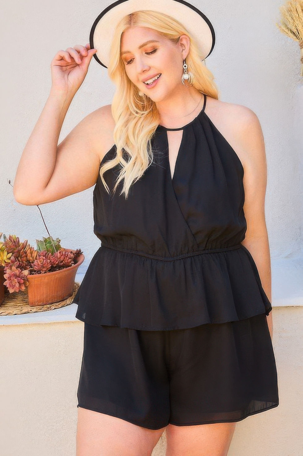 Thumbnail: Round Neck Pleats Waist Elastic Ruffle Back Button Romper