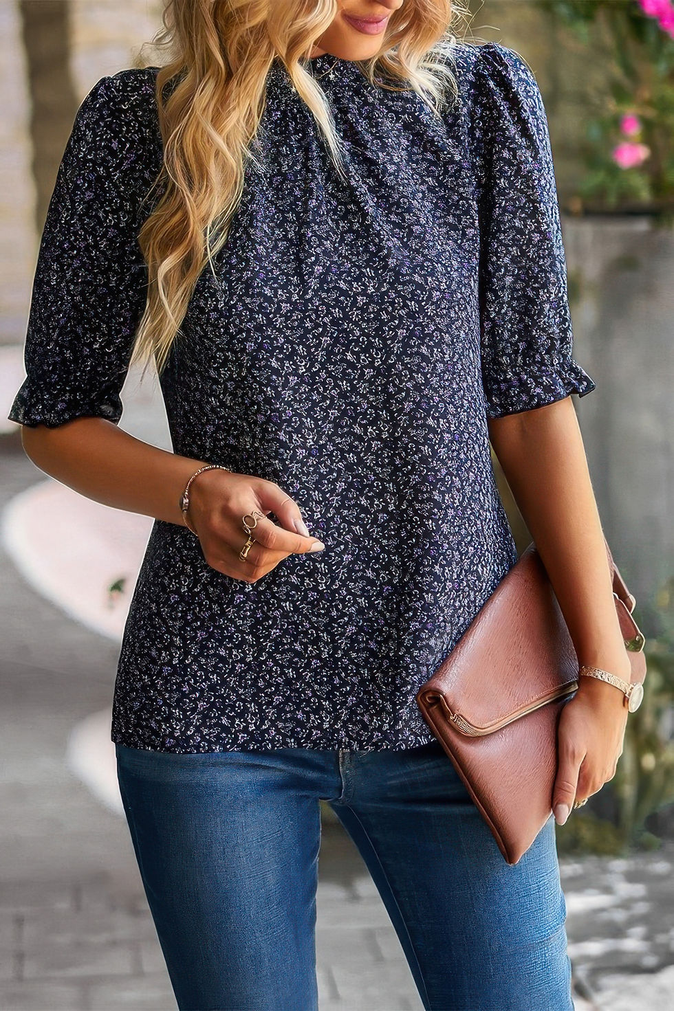 Thumbnail: Floral Ruffle Mock Neck Puff Short Sleeve Shirt