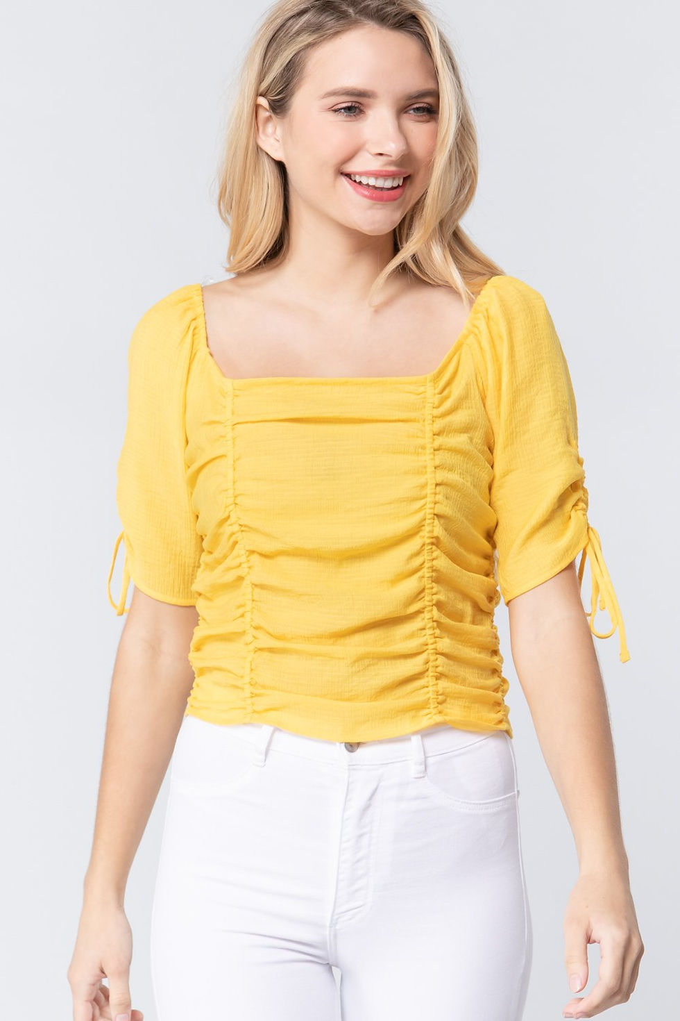 Thumbnail: Elbow Slv Smocked Ruched Woven Top