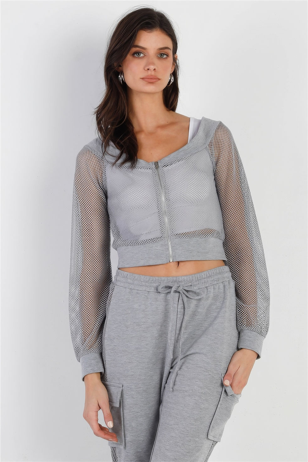 Thumbnail: Heather Grey Contrast Fishnet Zip-up Top & Pants Set