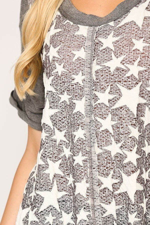 Thumbnail: Star Textured Knit Mixed Tunic Top With Shark Bite Hem