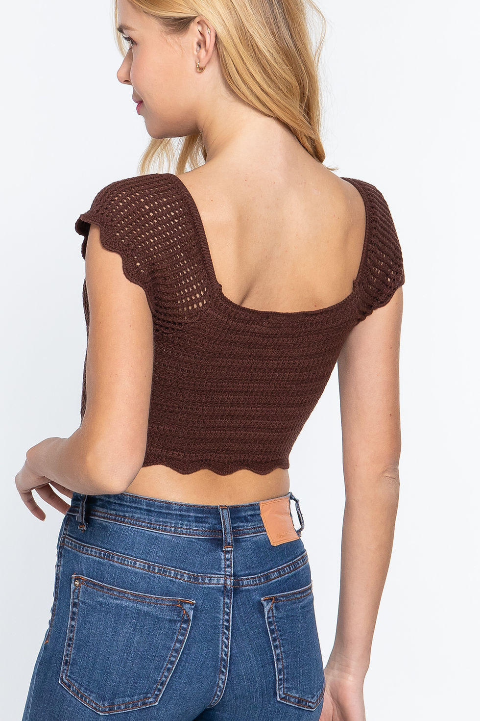 Thumbnail: Short Sleeve V-neck Front Knot Detail Sweater Knit Crop Top