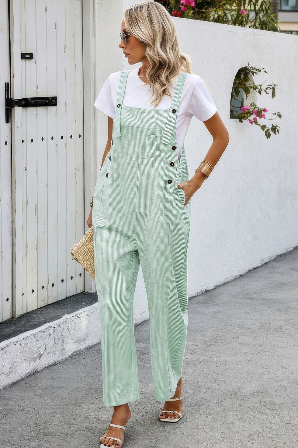 Thumbnail: Solid Square Neck Button Trim Pockets Jumpsuit