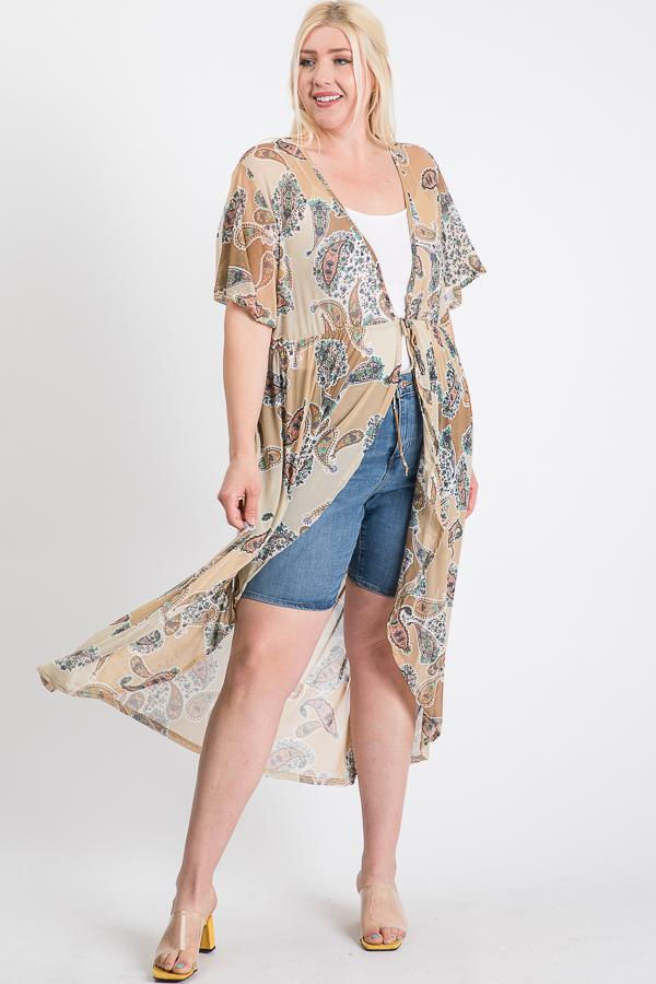 Thumbnail: Short Sleeves Long-line Printed Mesh Open Cardigan