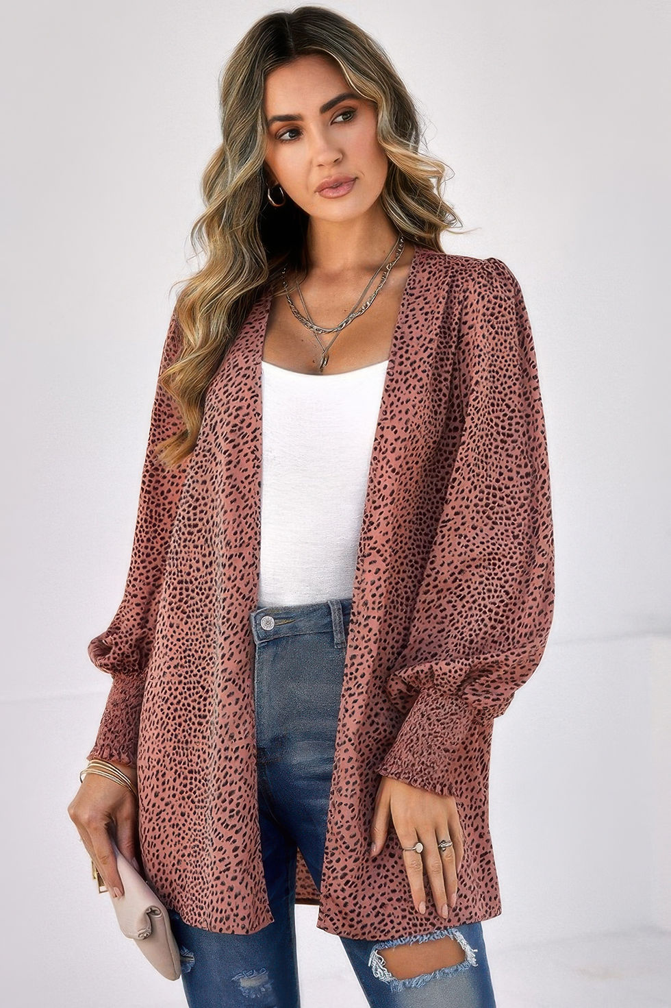 Thumbnail: Allover Print Shirred Cuff Lantern Sleeve Kimono