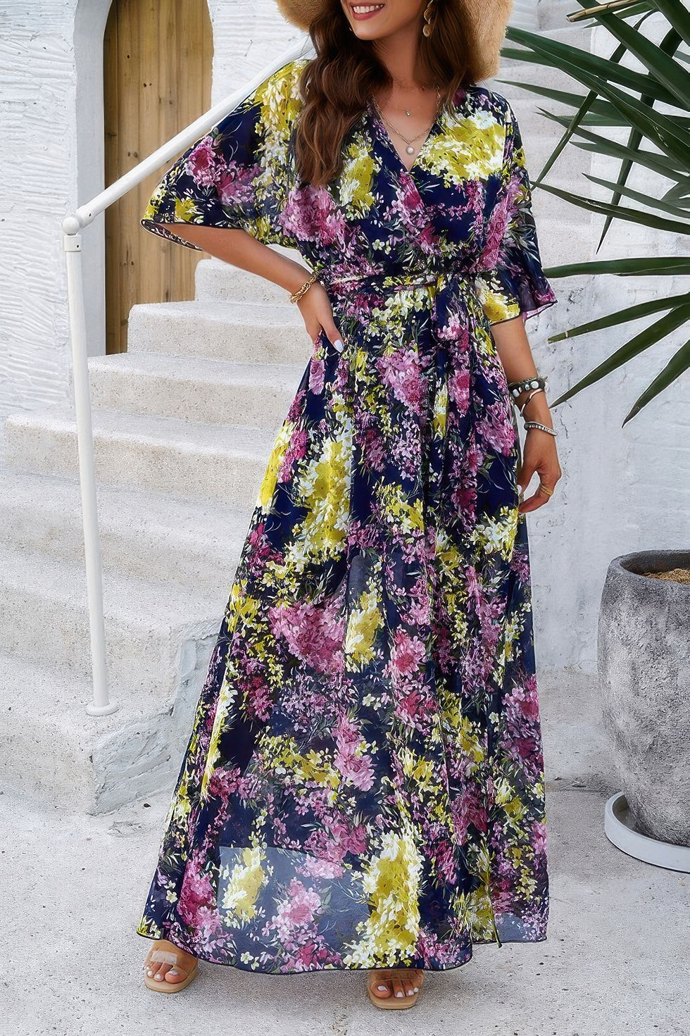Thumbnail: Floral Print V Neck Waist Cinched Split Long Dress