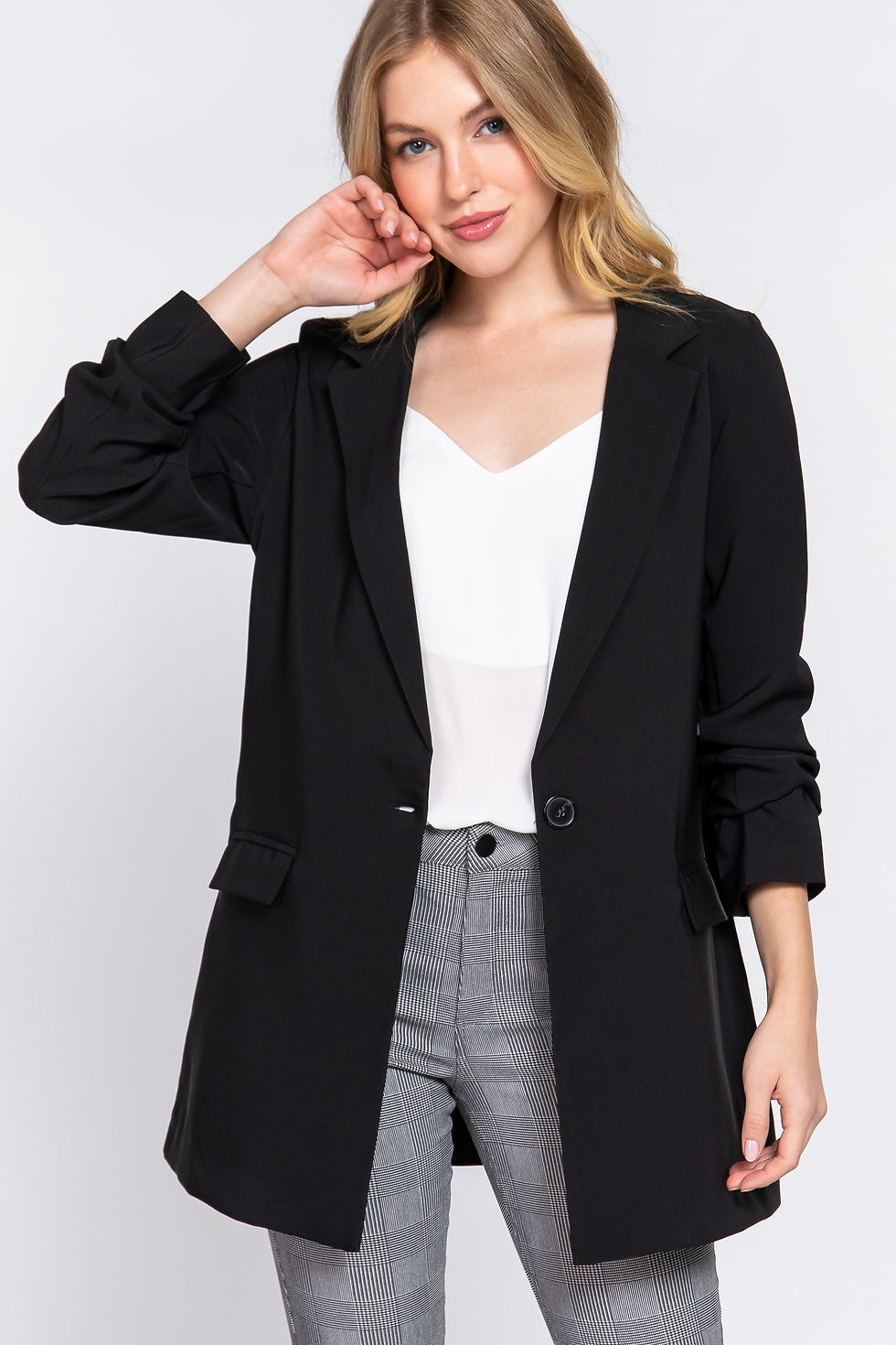 Thumbnail: Long Sleeve Notched Single-breasted Tunic Blazer