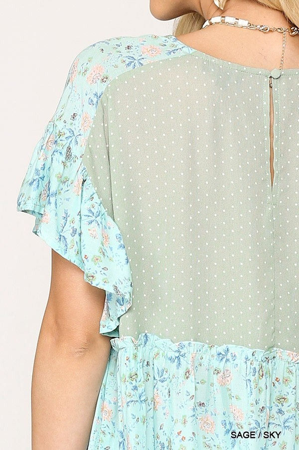 Thumbnail: Dot And Floral Print Mixed Ruffle Top With Back Keyhole