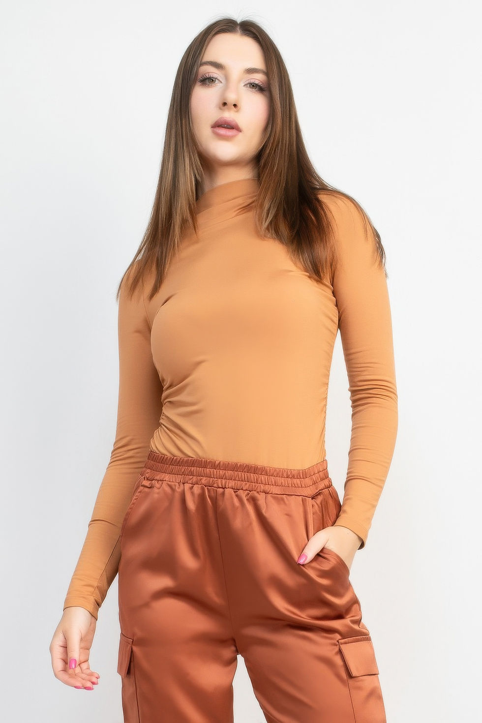Thumbnail: Mock Neck Ruched Solid Top