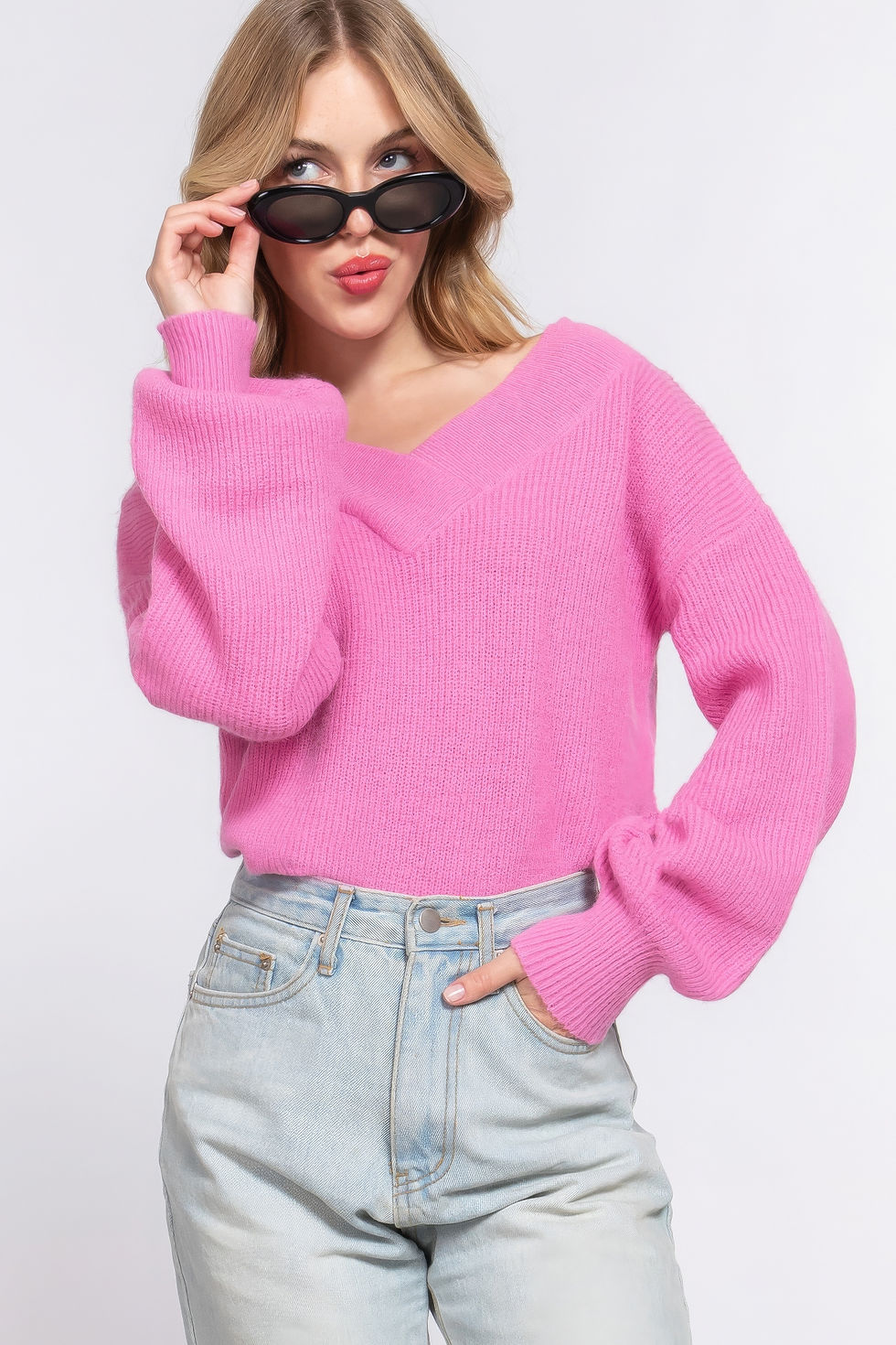 Thumbnail: Long Slv Double V-neck Sweater