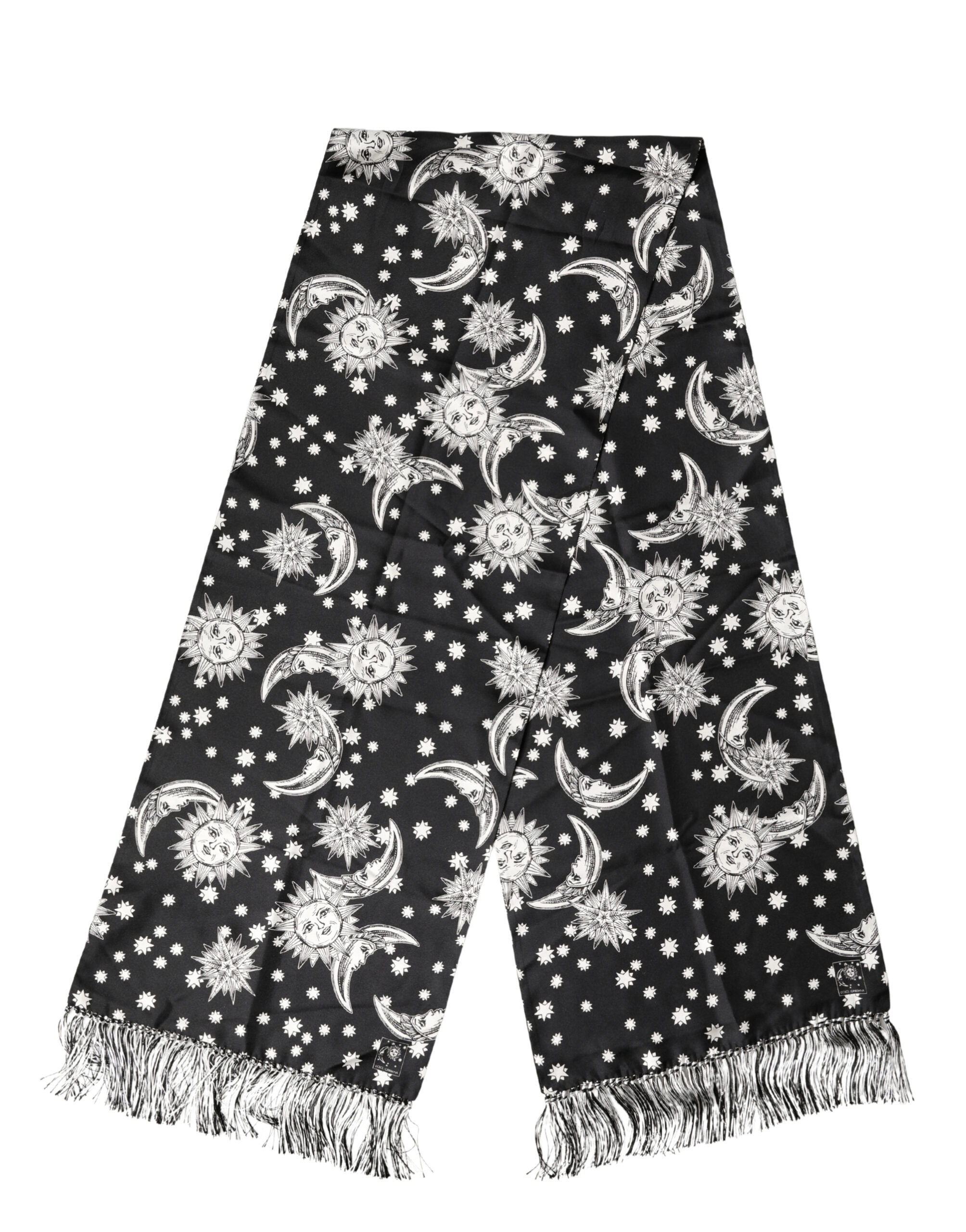 Dolce & Gabbana Black Silk Sun Moon Star Fringe Foulard 178cm X 33cm Scarf