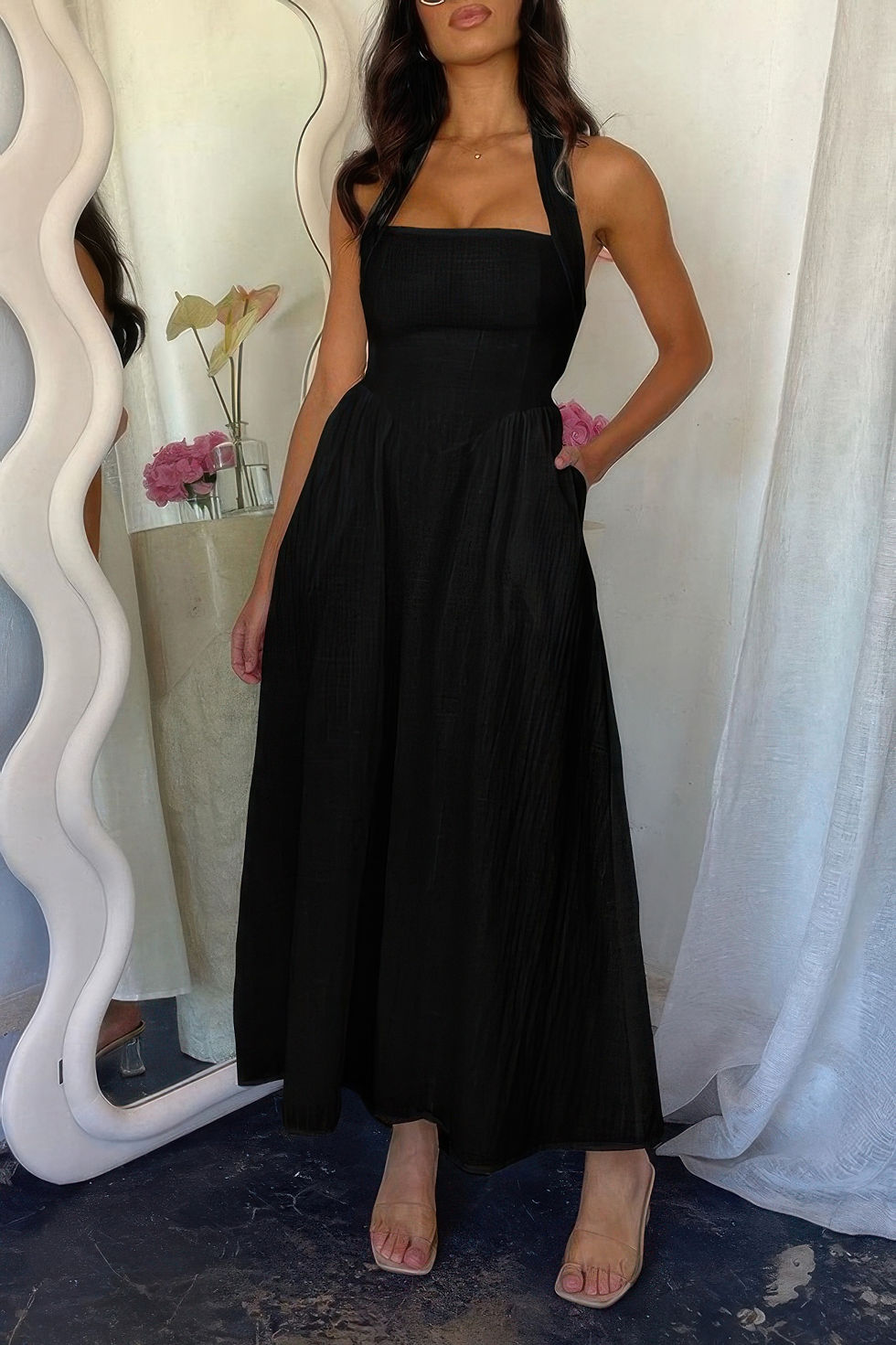 Thumbnail: Halter Solid Pockets Sleeveless A Line Long Dress