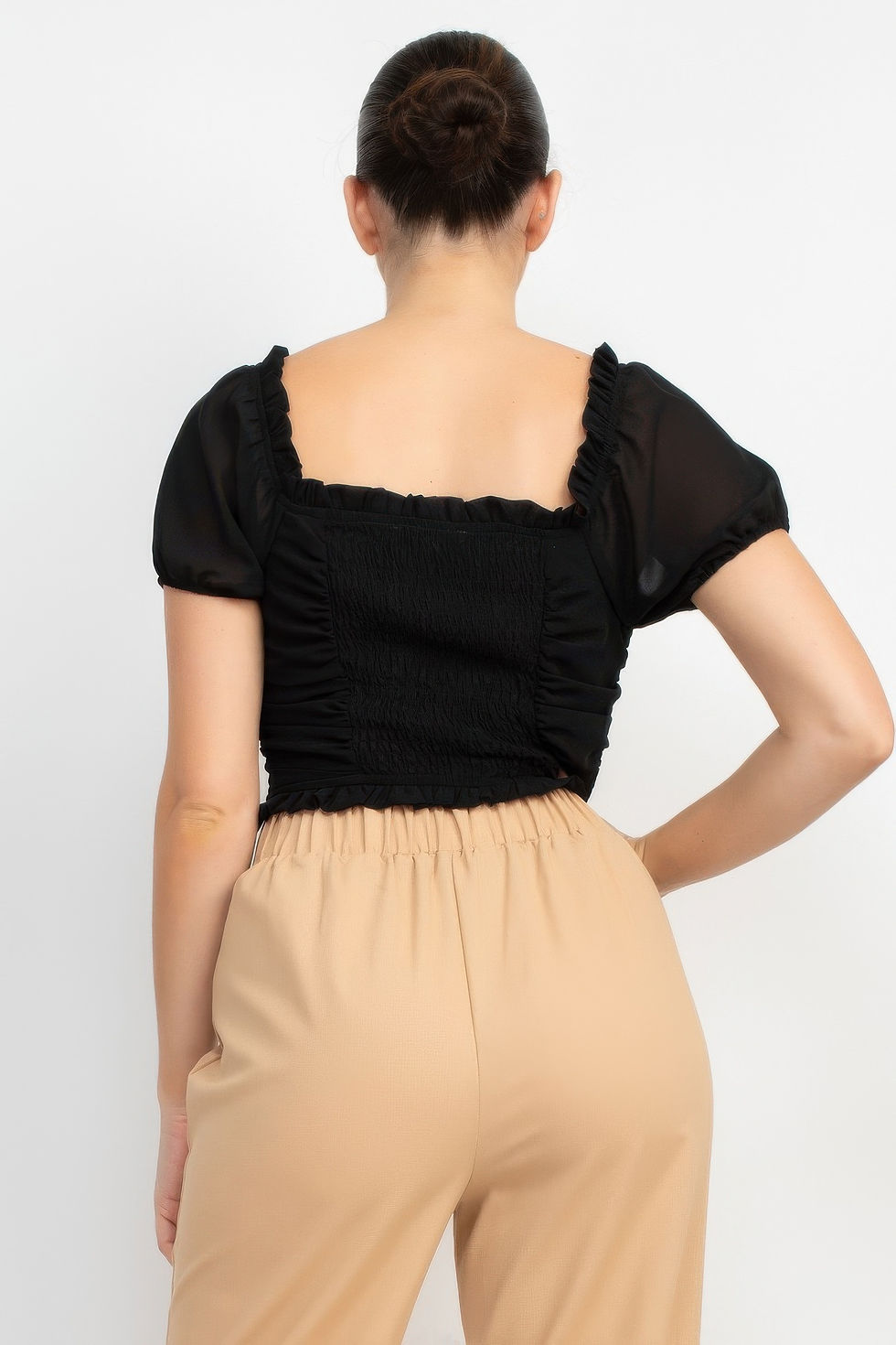 Thumbnail: Back Shirred Ruffled Lace-up Crop Top