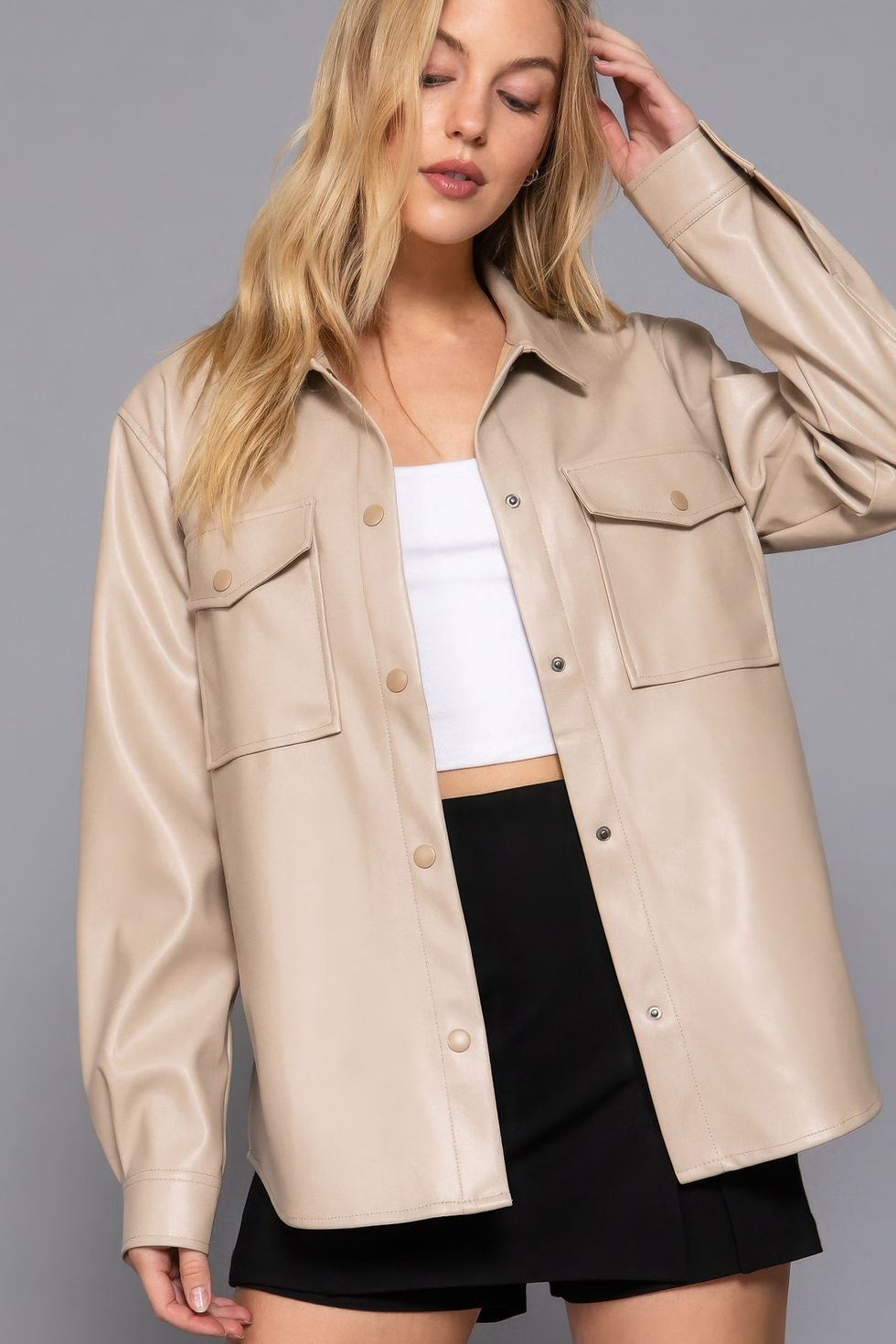 Thumbnail: Long Slv Faux Leather Shacket