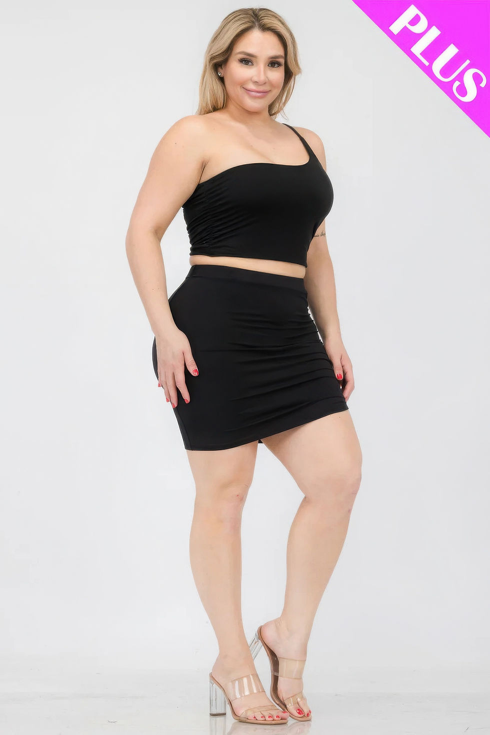 Thumbnail: Plus Size One Shoulder Ruched Crop Top & Mini Skirt Set