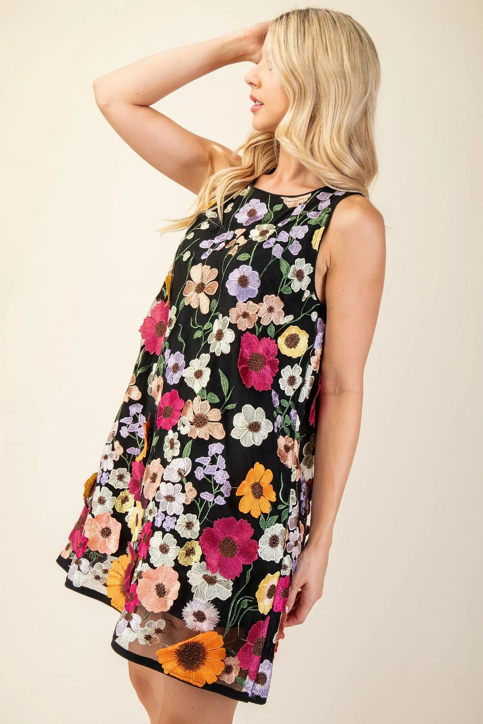 Thumbnail: 3d Floral Embroidered Sleeveless Mini Dress