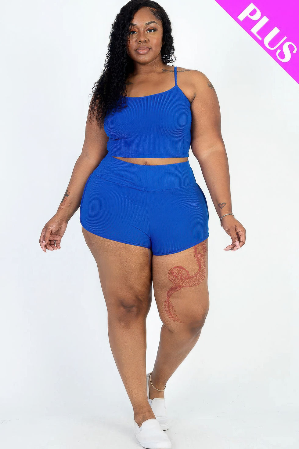 Thumbnail: Plus Size Ribbed Cami Crop Top & Ruched Shorts Set