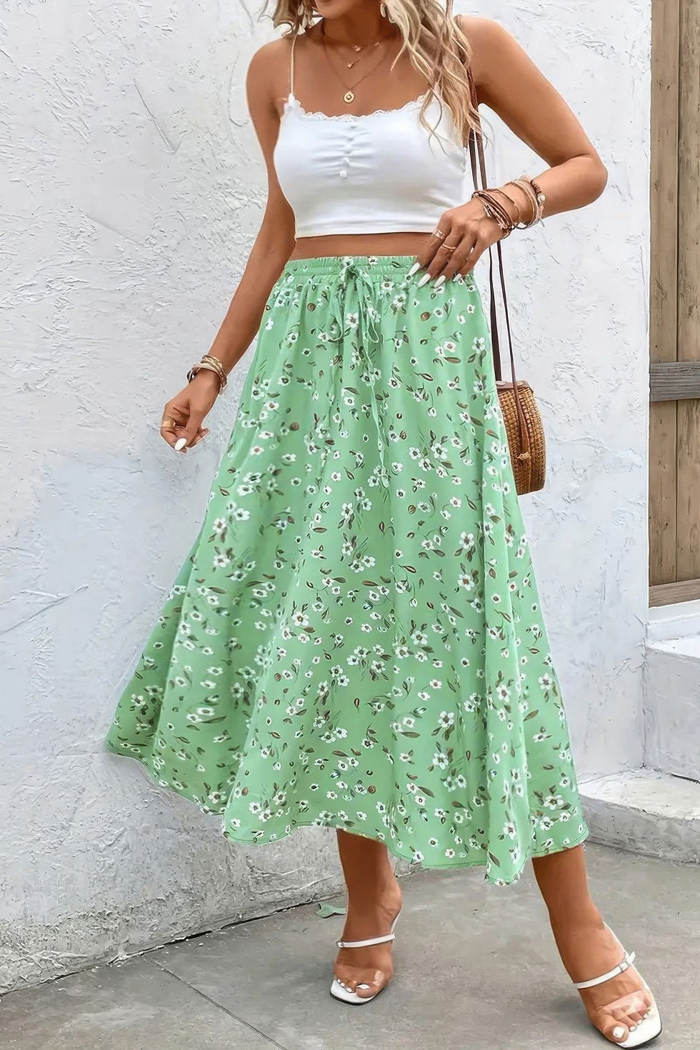 Thumbnail: Plus Floral Print Drawstring Waist Fit Skirt