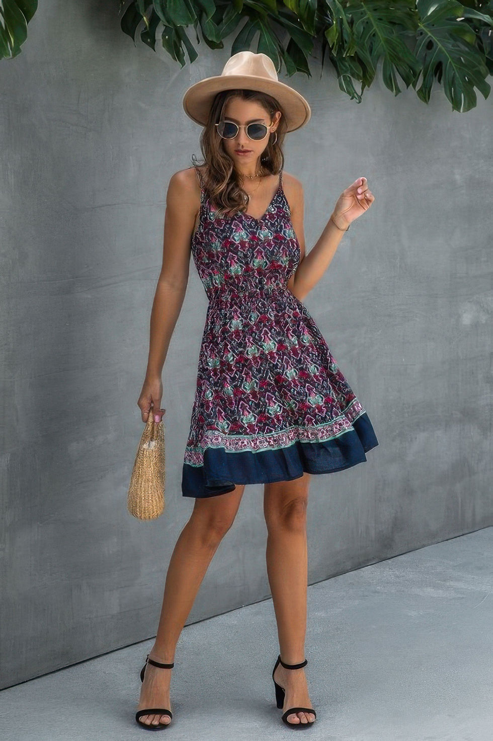 Thumbnail: Floral Spaghetti Strap Button Down Ruffle Mini Dress