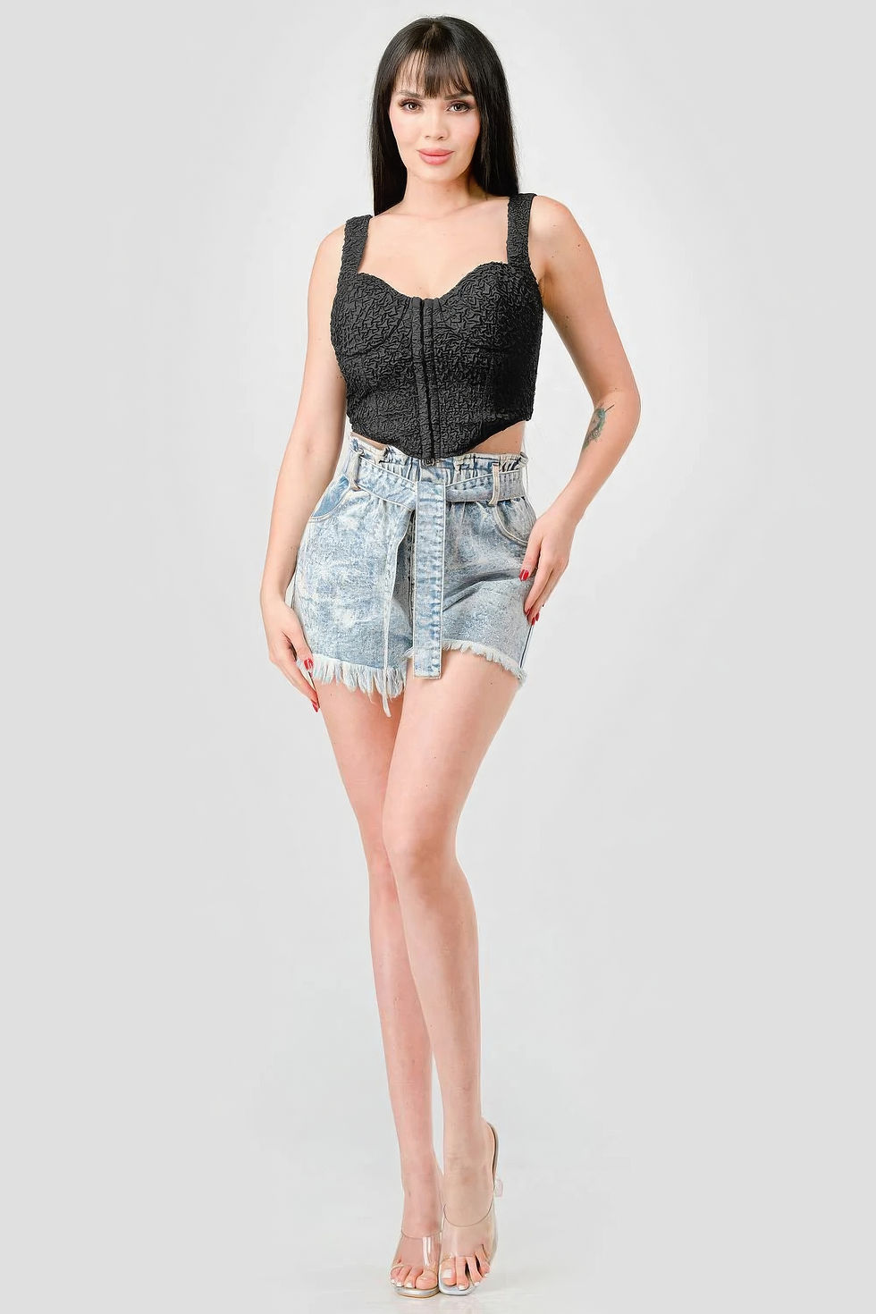 Thumbnail: Crinkle Stretch Knit Sweetheart Hooked Bustier Cropped Top