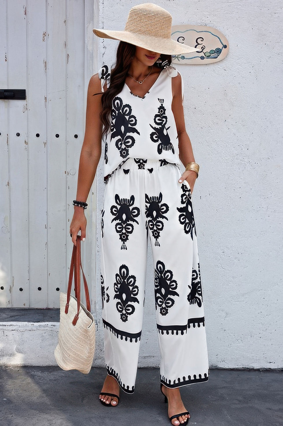 Thumbnail: Floral Knot Shoulder Sleeveless Elastic Waist Sets