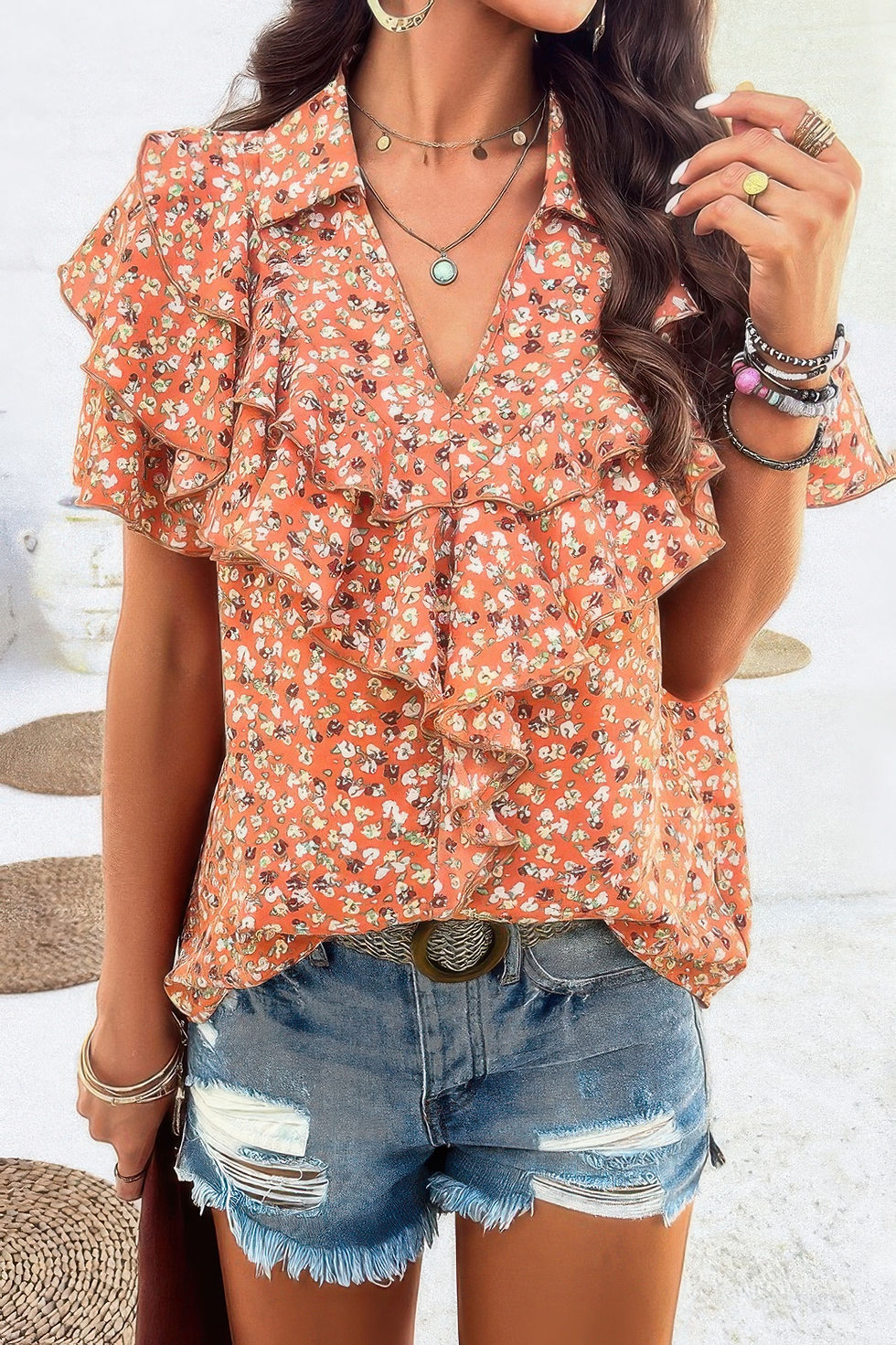 Thumbnail: Floral Printed Ruffle Sleeve V Neck Loose Blouse