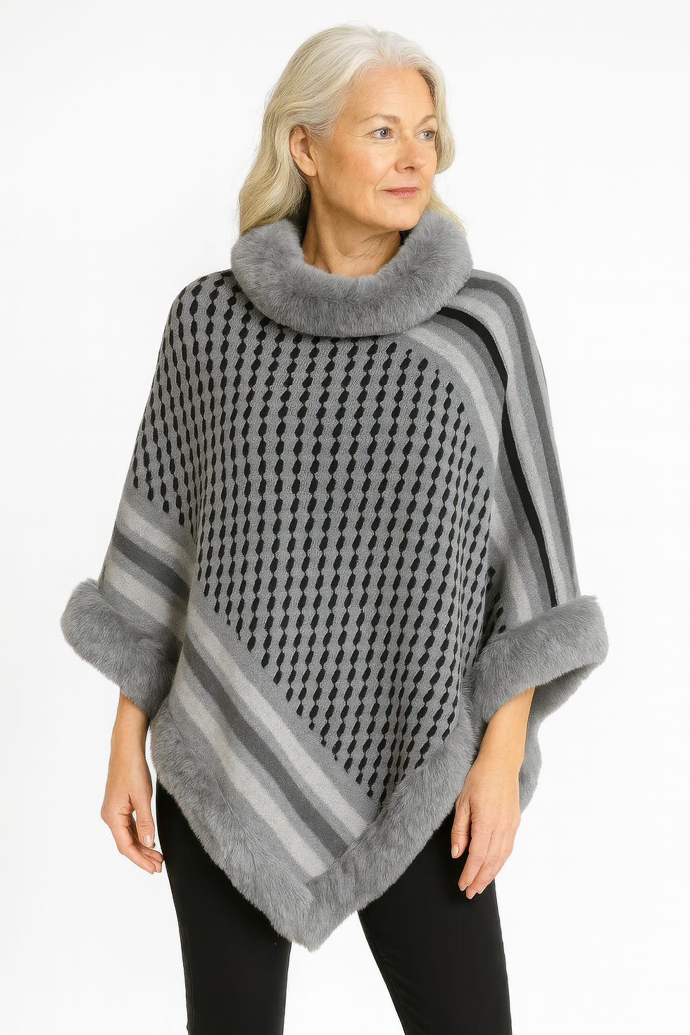 Thumbnail: Patterned Knit Poncho With Faux Fur Trim