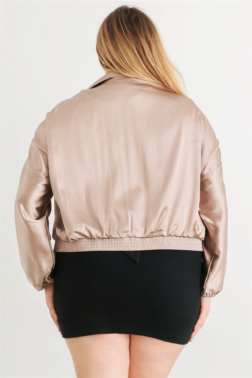 Thumbnail: Plus Satin Zip-up Ruched Long Sleeve Cropped Bomber Jacket