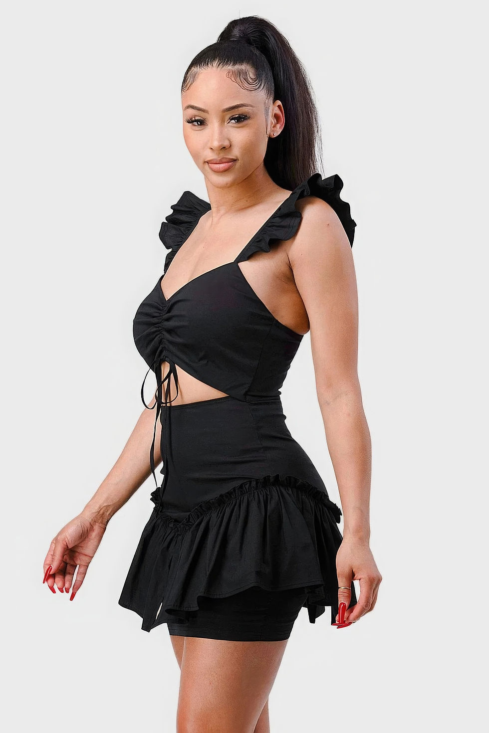 Thumbnail: Sweetheart With Drawstring Bow Cutout Ruffled Flutter Sleeves Mini Dress
