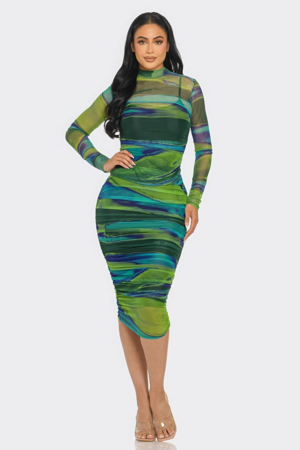 Thumbnail: Glitch Print Mesh Ruched Midi Dress