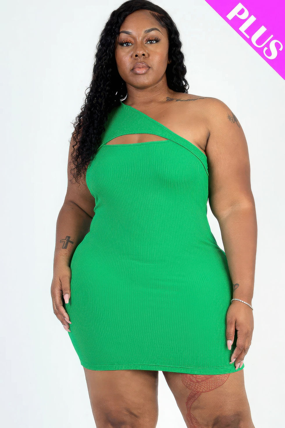 Thumbnail: Plus Size Ribbed One Shoulder Cutout Front Casual Mini Bodycon Dress