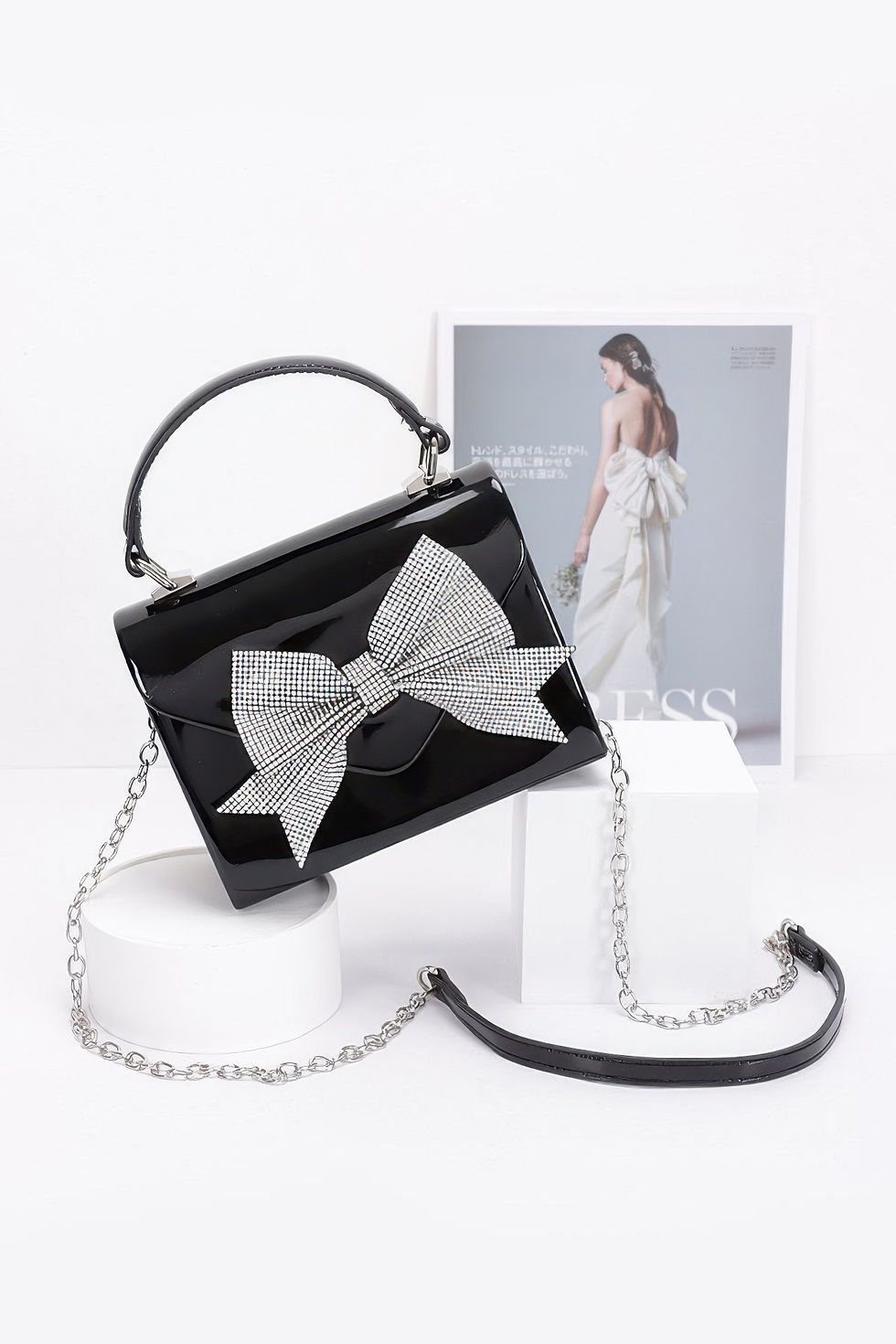 Thumbnail: Enamel Rhinestone Ribbon Top Handle Clutch