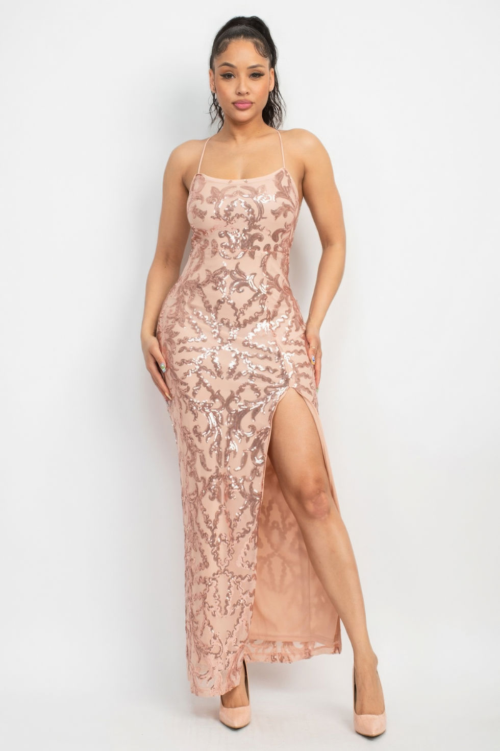 Thumbnail: Sequin Back-crisscross Tie Slit Dress