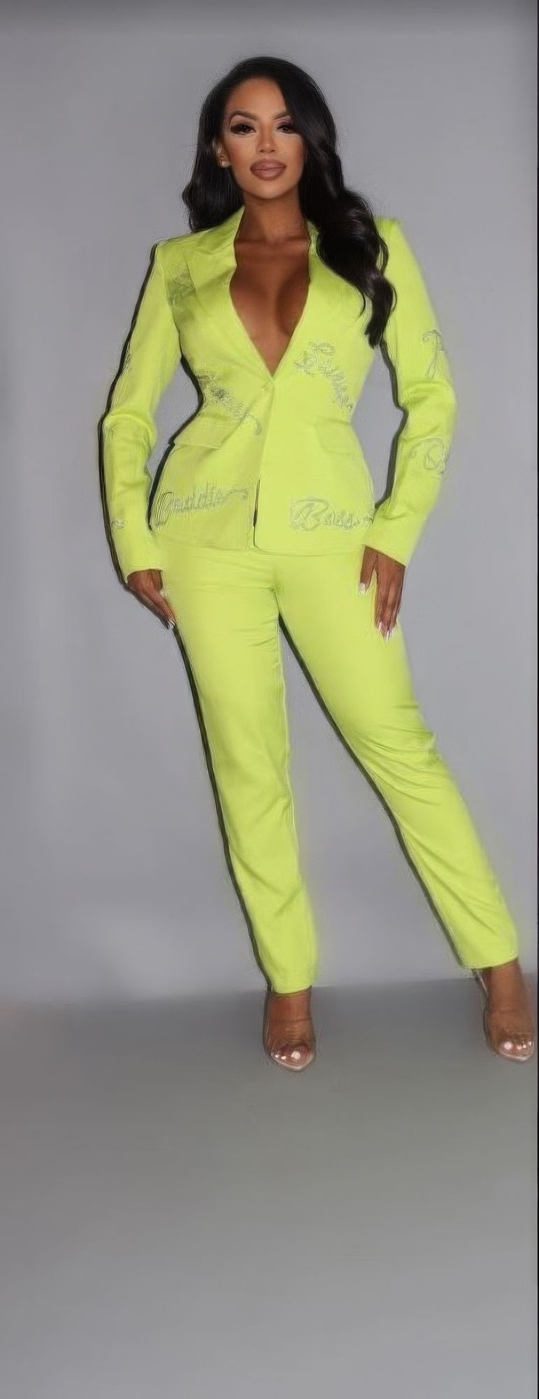 Thumbnail: 2 Piece Powersuit Blazer & Pants Set With Rhinestone Letterings On Blazer