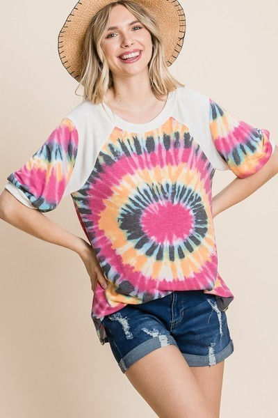 Thumbnail: French Terry Tie Dye Printed Casual Mini Bubble Sleeves Tunic Top