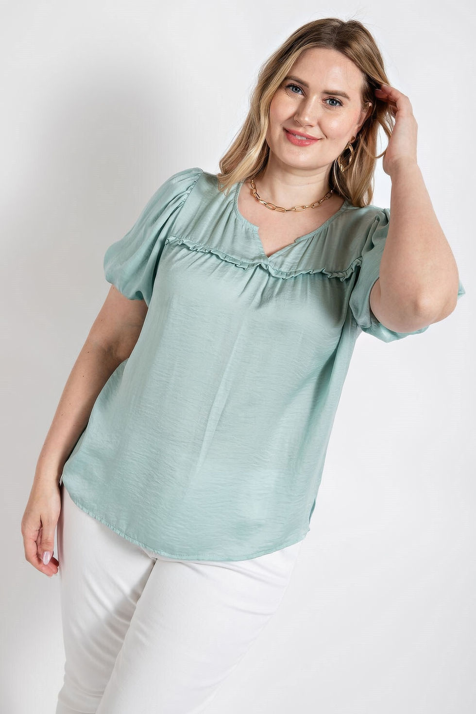 Thumbnail: Satin Top With Ruffle Yoke And Puff Sleeves