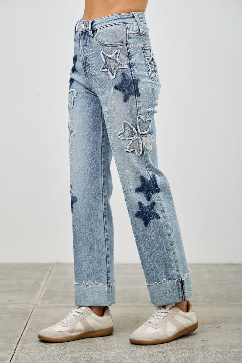 Thumbnail: High Rise Star & Heart Patched Dad Jean W/stretch