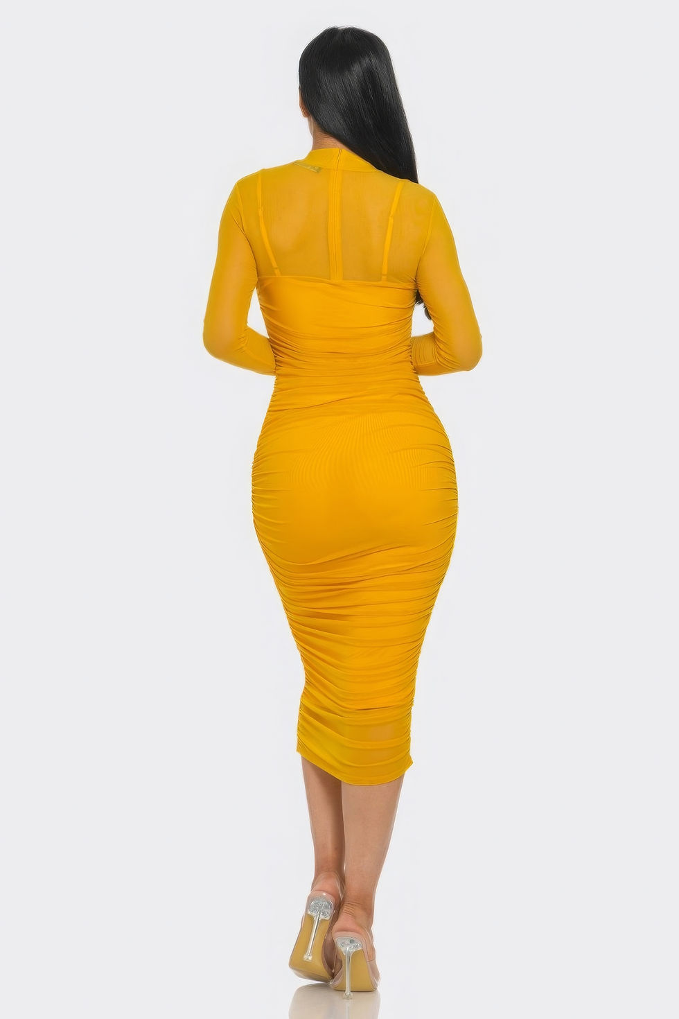 Thumbnail: Solid Mesh Ruched Midi Dress
