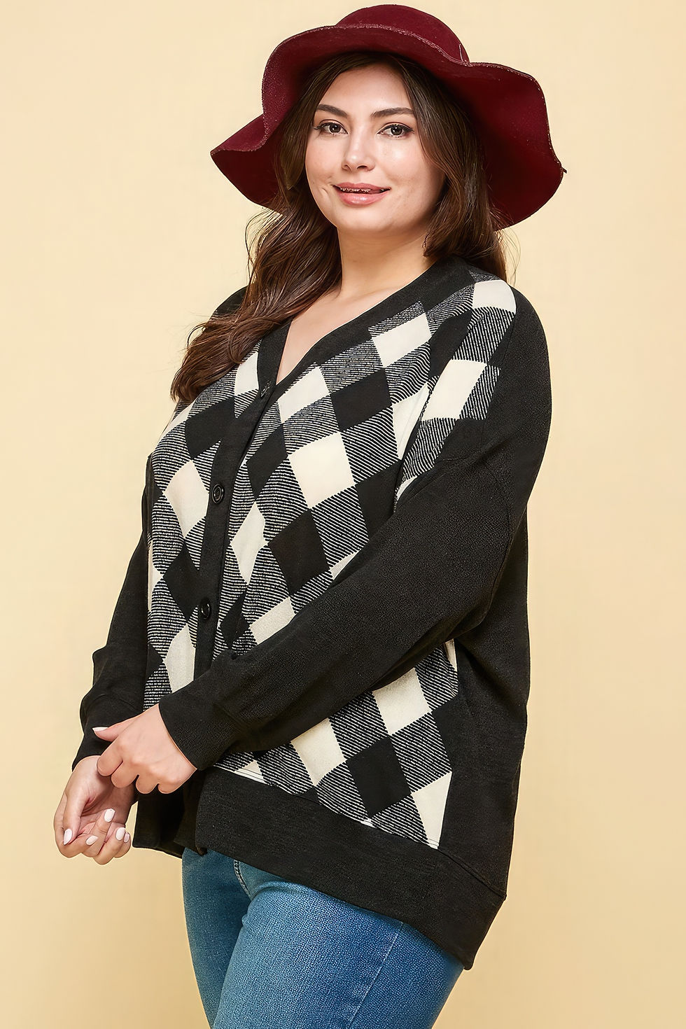 Thumbnail: Plus Size Buffalo Plaid Knit Button Up Oversize Cardigan