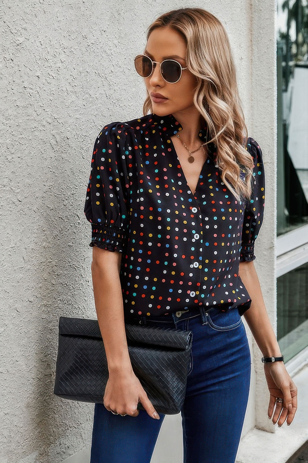 Thumbnail: Polka Dot Print Puff Sleeve Loose Shirt