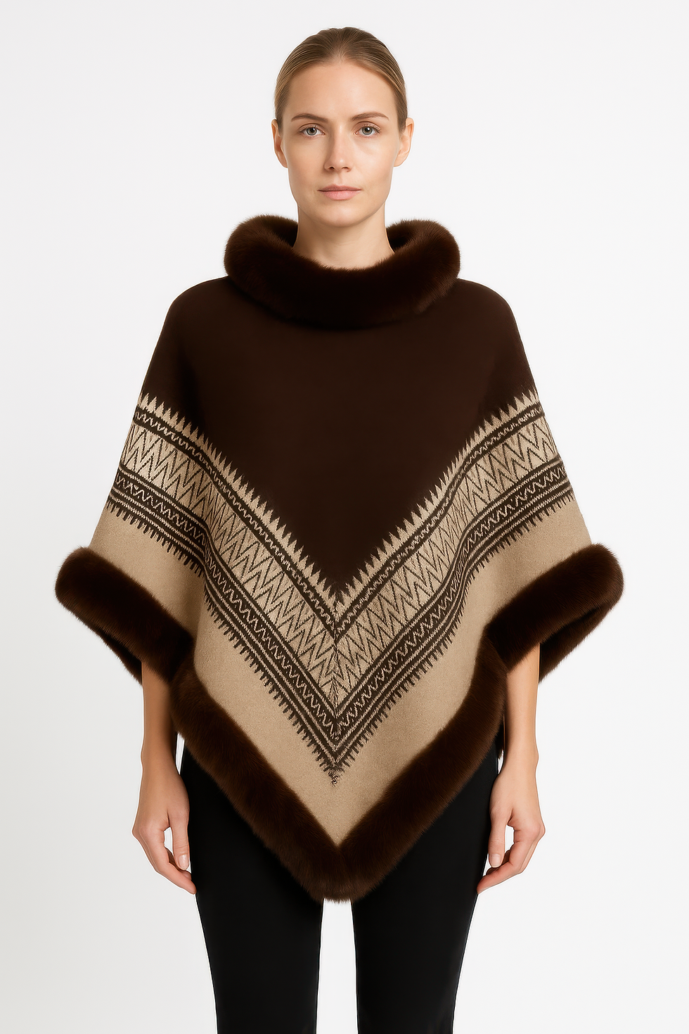 Thumbnail: Chevron Trim Poncho With Faux Fur Collar