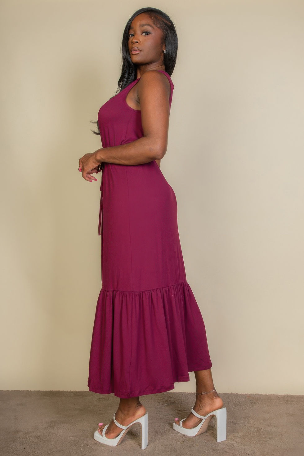 Thumbnail: Button Front Tie Waist Sleeveless Maxi Dress