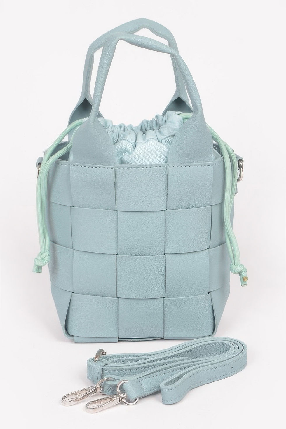 Thumbnail: Faux Leather Braided Handle Bag W/canvas Pouch