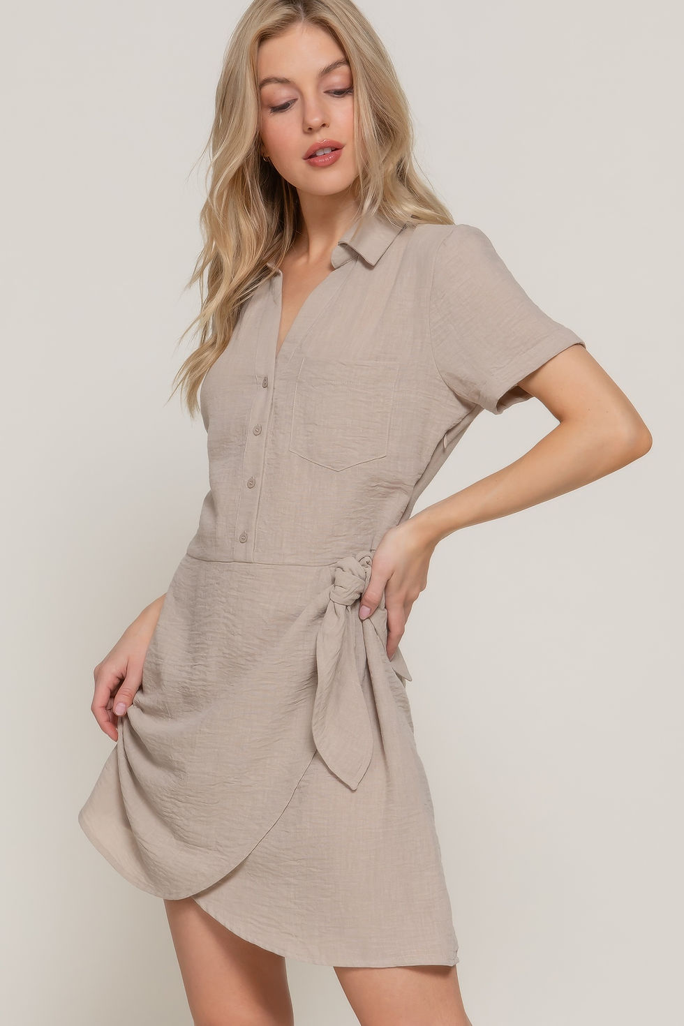 Thumbnail: Button Down Side Bow Linen Effect Mini Dress