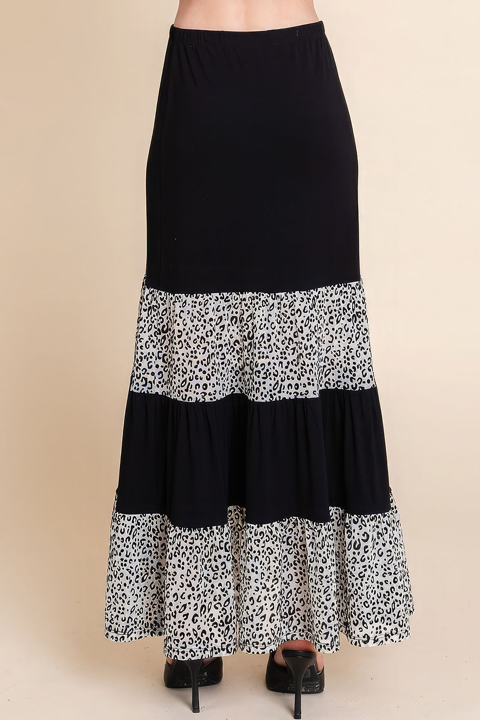 Thumbnail: Long Tiered Contrast Fashion Skirt With Velvet Animal Print Mesh