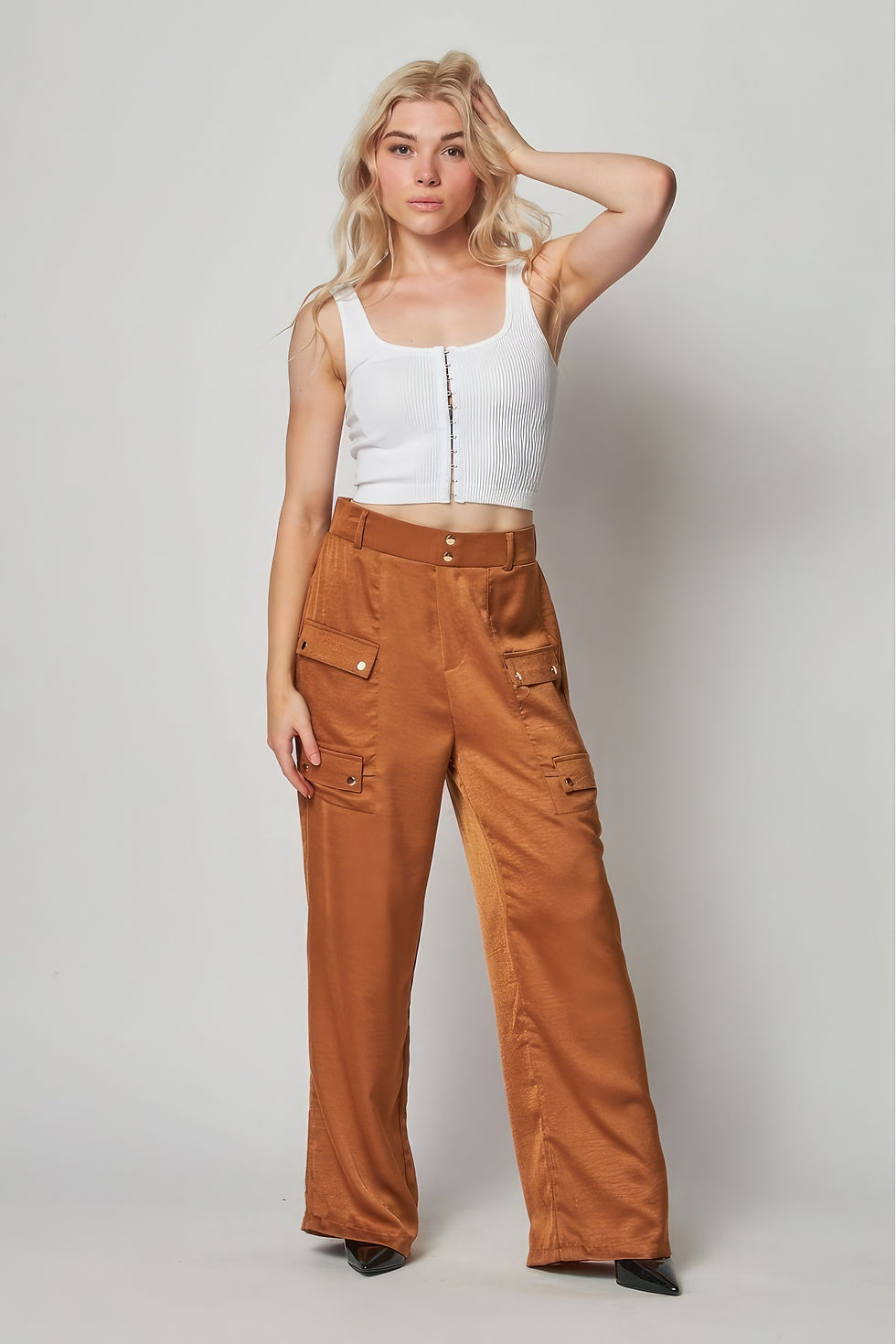 Thumbnail: Satin Cargo Pocket Wide Leg Pants